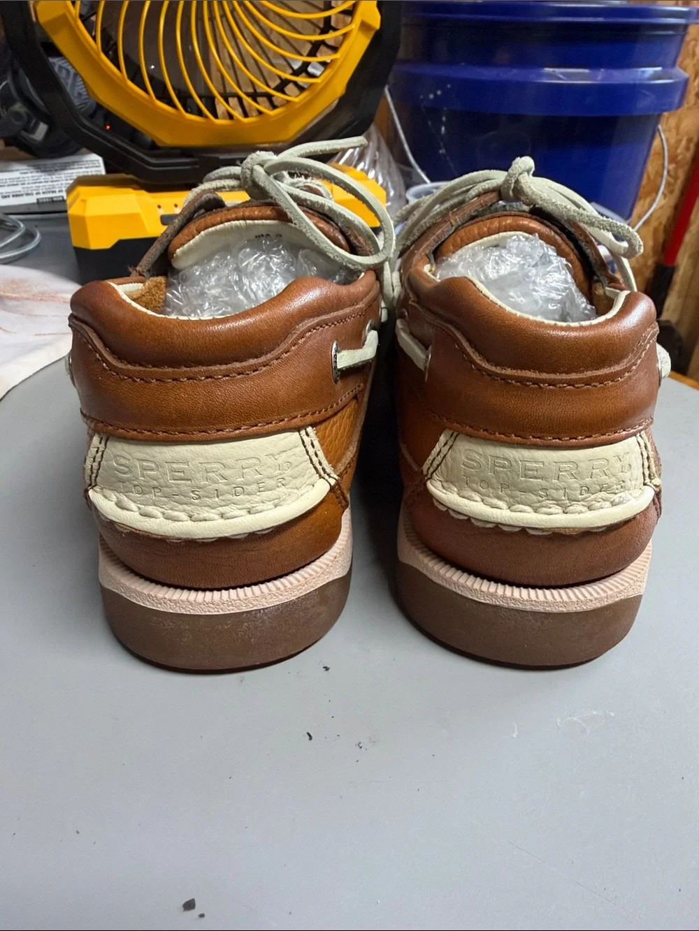 Sperry Cognac Brown Leather Boat Shoes with Cream Laces